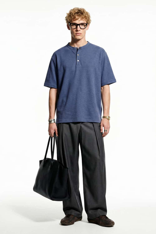 Textured Henley Short Sleeve Tee - Purple