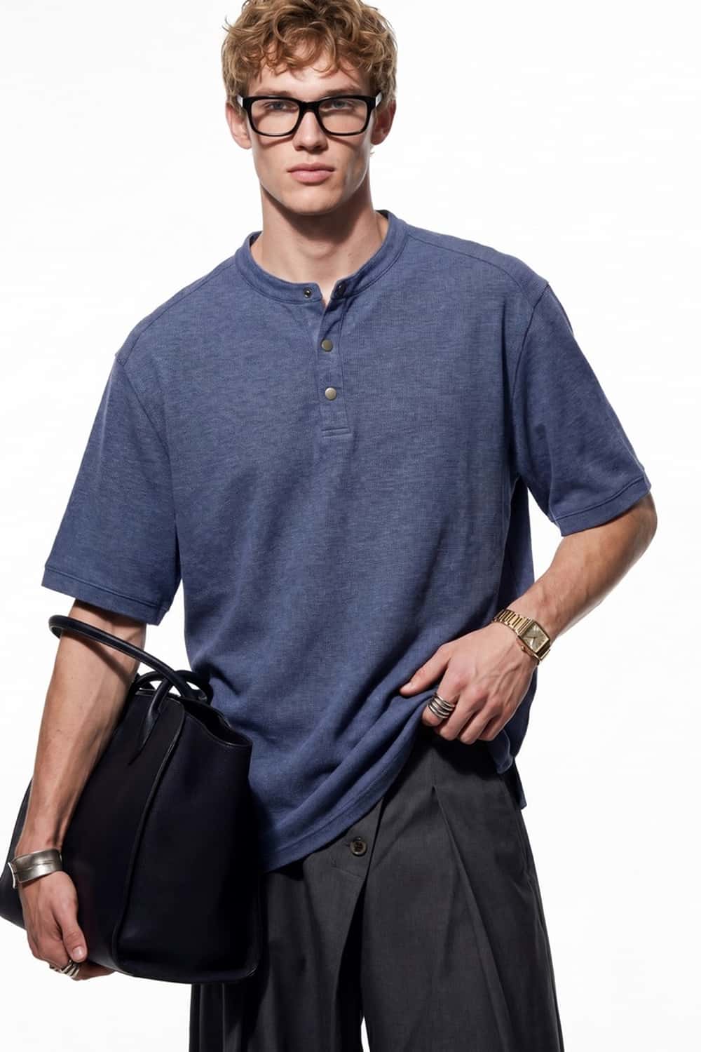 Textured Henley Short Sleeve Tee - Purple