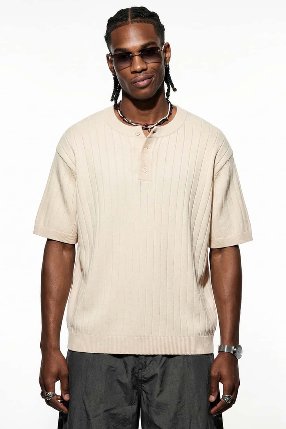 Ribbed Henley Short Sleeve Knit Top - Apricot