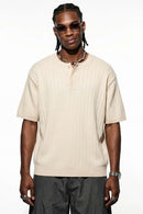 Ribbed Henley Short Sleeve Knit Top - Apricot