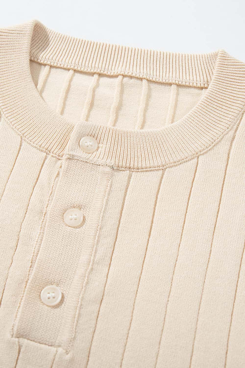 Ribbed Henley Short Sleeve Knit Top - Apricot