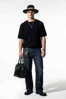 Ribbed Henley Short Sleeve Knit Top - Black