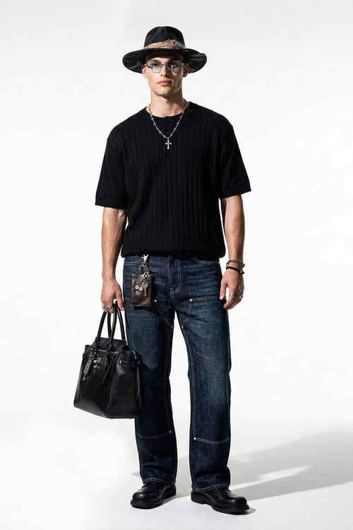 Ribbed Henley Short Sleeve Knit Top - Black