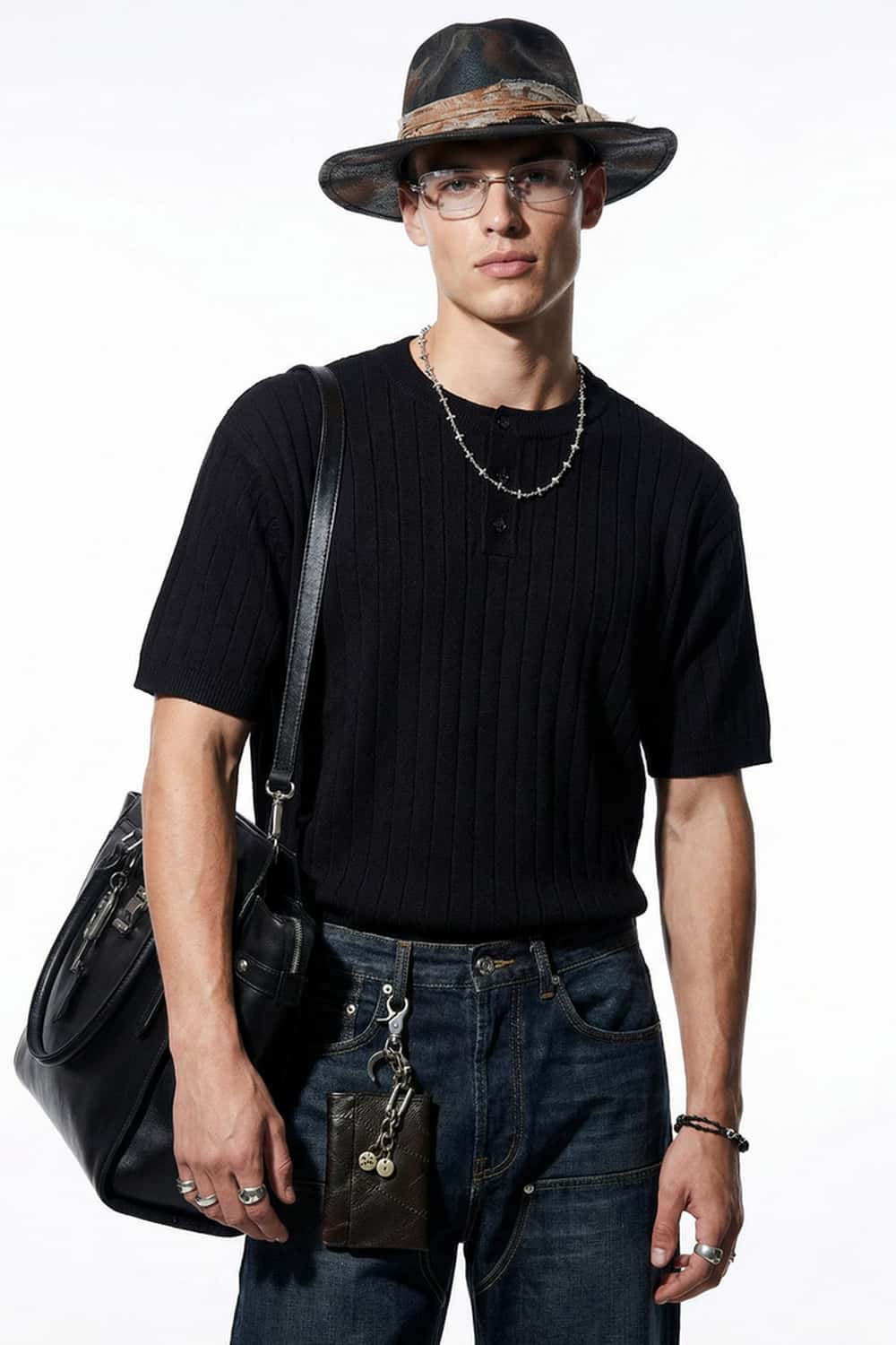 Ribbed Henley Short Sleeve Knit Top - Black