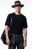 Ribbed Henley Short Sleeve Knit Top - Black