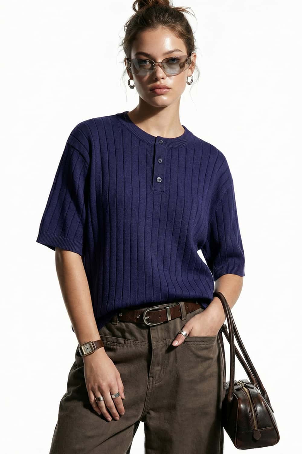 Ribbed Henley Short Sleeve Knit Top - Royal Blue