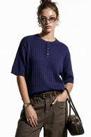 Ribbed Henley Short Sleeve Knit Top - Royal Blue