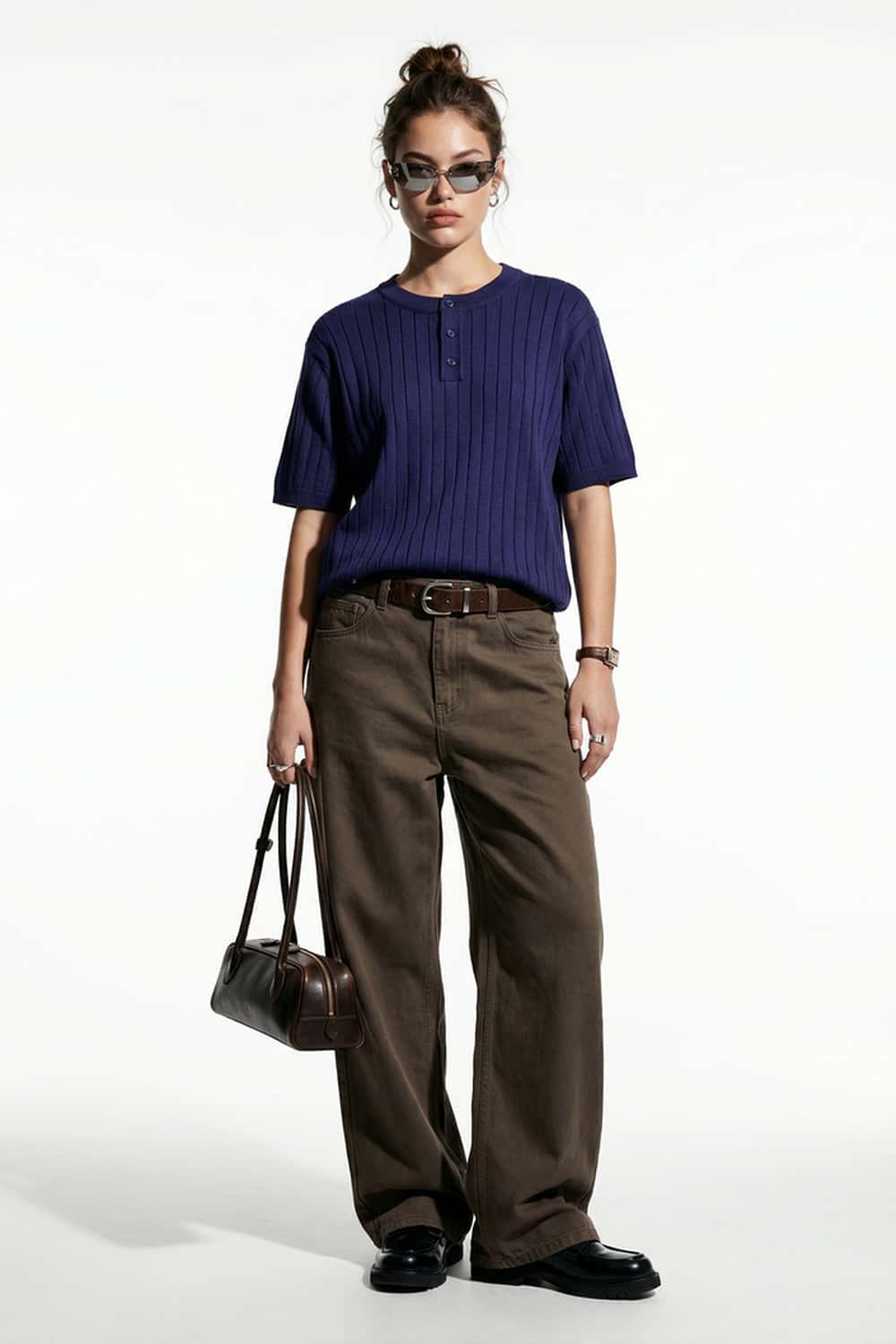 Ribbed Henley Short Sleeve Knit Top - Royal Blue