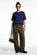 Ribbed Henley Short Sleeve Knit Top - Royal Blue