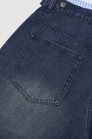 Layered Waist Washed Denim Shorts - Dark Blue