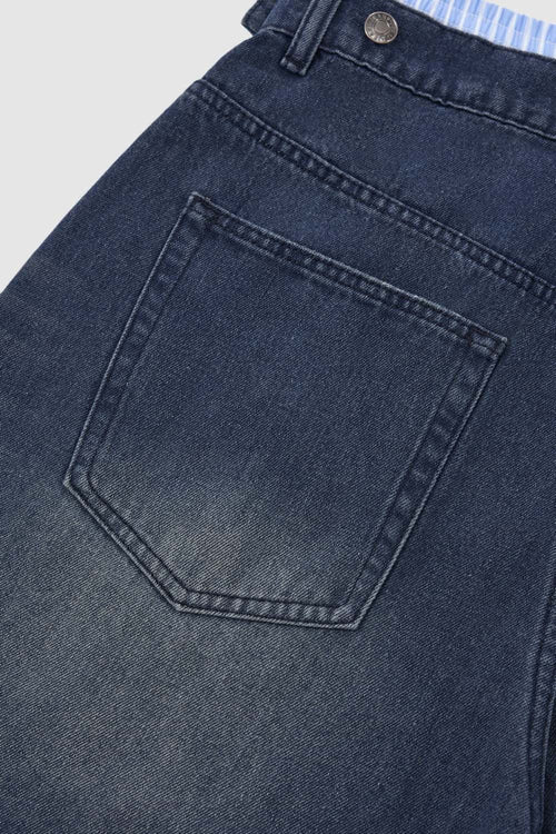Layered Waist Washed Denim Shorts - Dark Blue