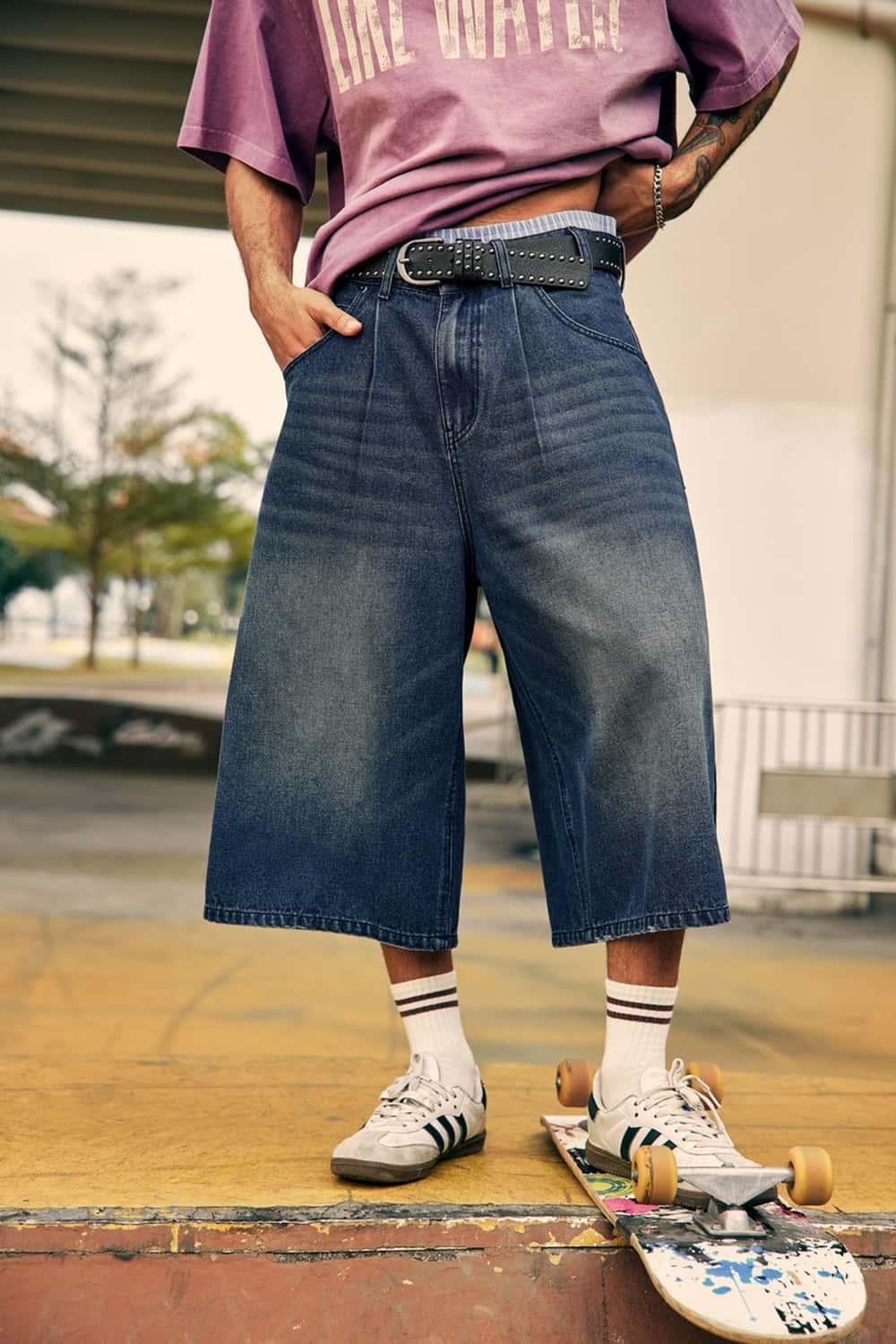 Layered Waist Washed Denim Shorts - Dark Blue