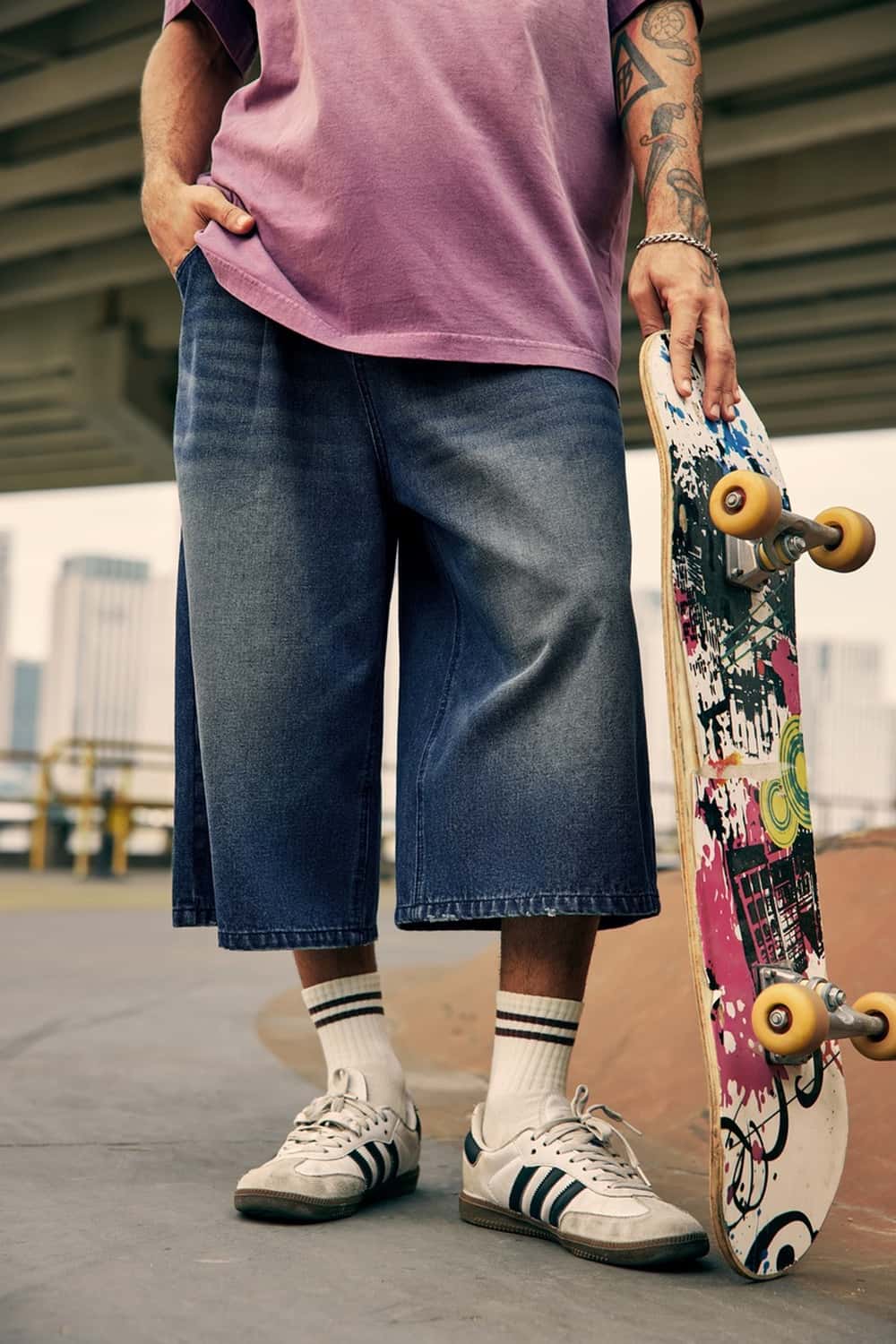 Layered Waist Washed Denim Shorts - Dark Blue