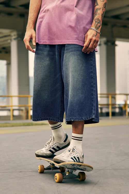 Layered Waist Washed Denim Shorts - Dark Blue