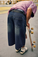 Layered Waist Washed Denim Shorts - Dark Blue