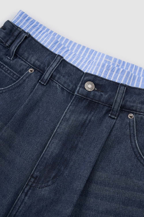 Layered Waist Washed Denim Shorts - Dark Blue