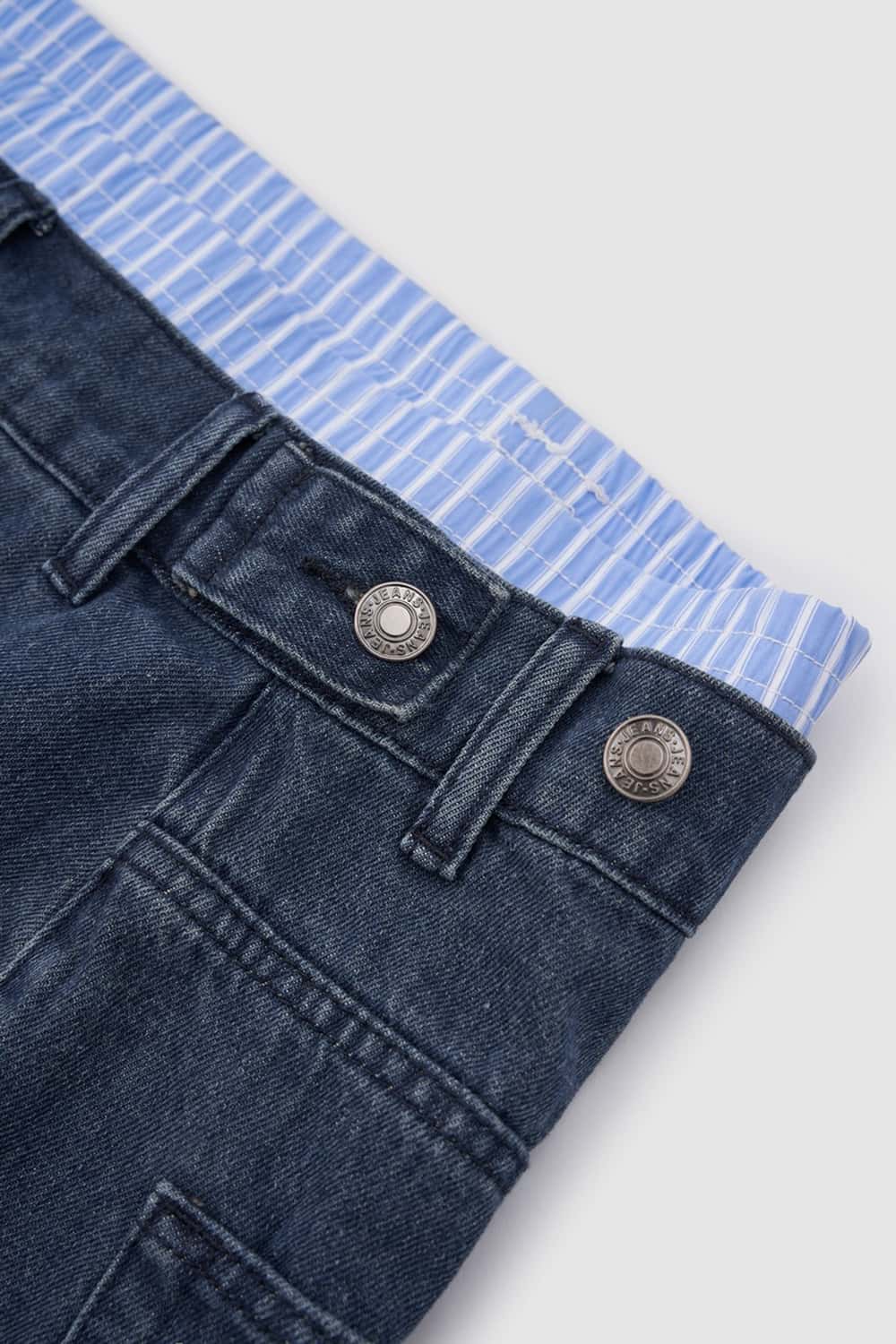 Layered Waist Washed Denim Shorts - Dark Blue