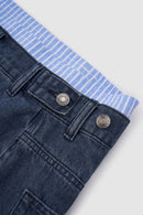 Layered Waist Washed Denim Shorts - Dark Blue