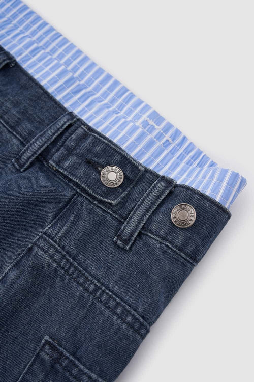 Layered Waist Washed Denim Shorts - Dark Blue