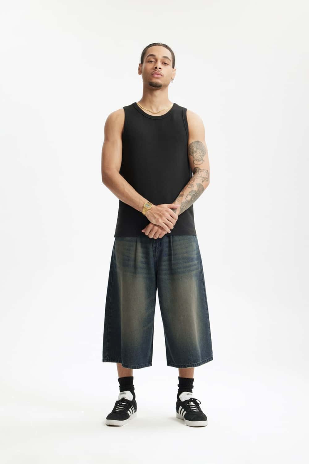 Layered Waist Washed Denim Shorts - Grayish Coffee