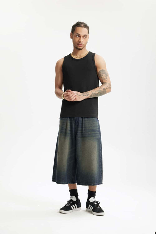 Layered Waist Washed Denim Shorts - Grayish Coffee