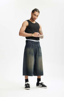 Layered Waist Washed Denim Shorts - Grayish Coffee
