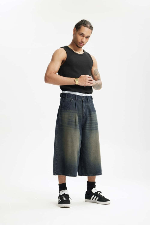 Layered Waist Washed Denim Shorts - Grayish Coffee