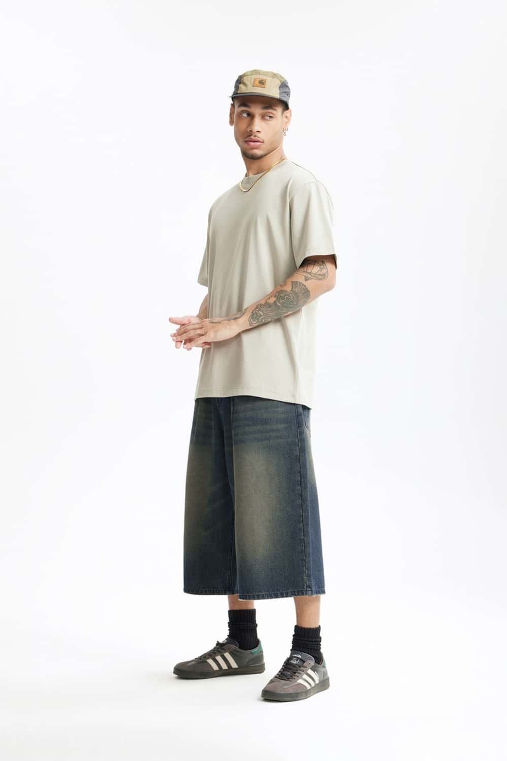 Layered Waist Washed Denim Shorts - Grayish Coffee