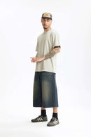 Layered Waist Washed Denim Shorts - Grayish Coffee