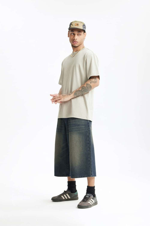Layered Waist Washed Denim Shorts - Grayish Coffee