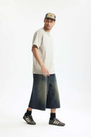 Layered Waist Washed Denim Shorts - Grayish Coffee