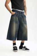 Layered Waist Washed Denim Shorts - Grayish Coffee