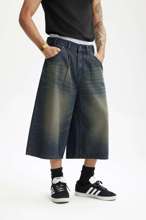 Layered Waist Washed Denim Shorts - Grayish Coffee