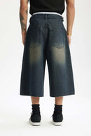 Layered Waist Washed Denim Shorts - Grayish Coffee