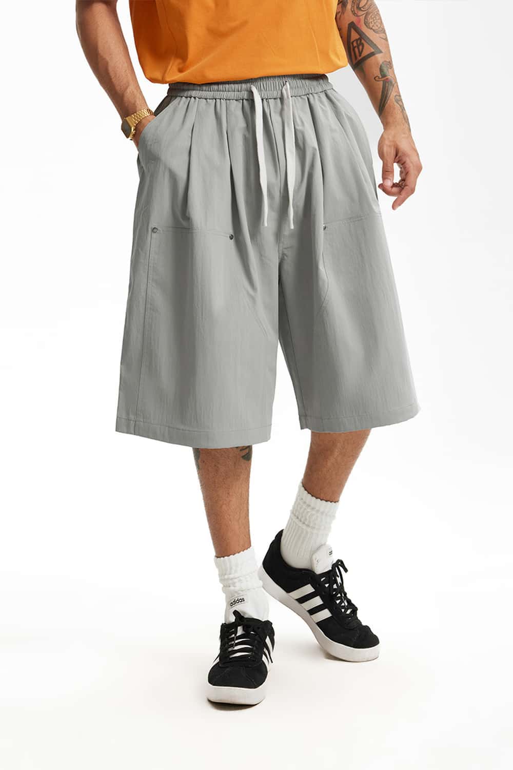 Rivet Detail Utility Long Shorts - Light Gray