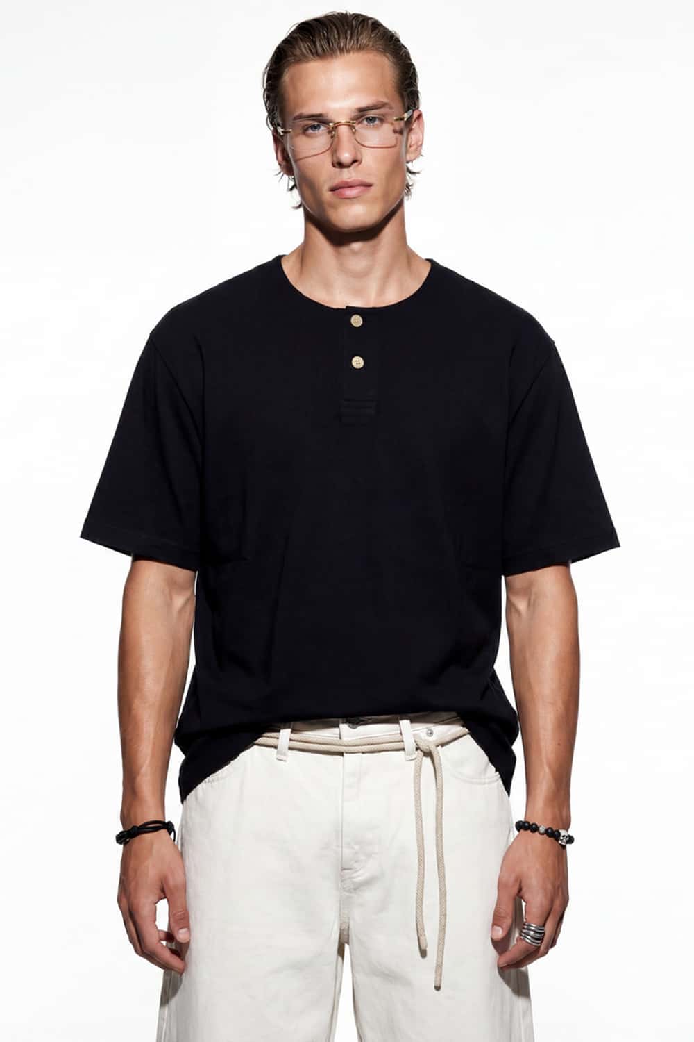 Relaxed Henley Cotton-Blend T-Shirt - Black