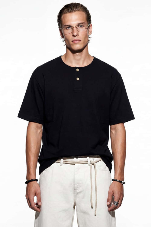 Relaxed Henley Cotton-Blend T-Shirt - Black