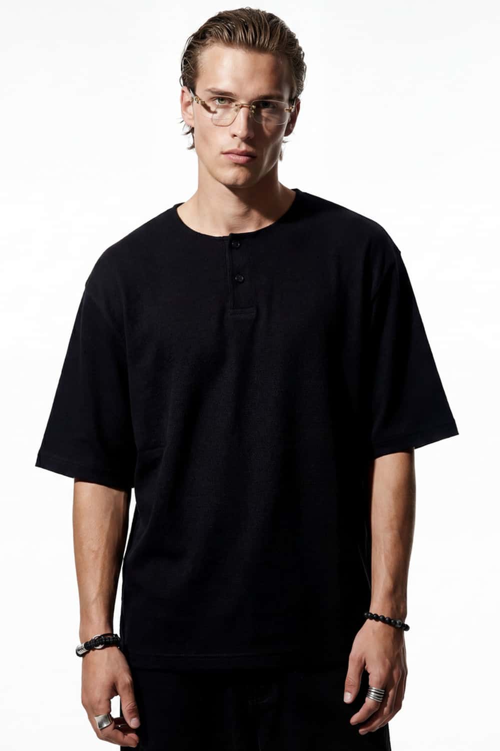 Relaxed Henley Cotton-Blend T-Shirt - Black