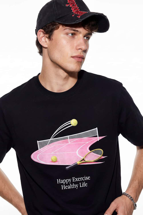 Tennis Graphic Relaxed T-Shirt - Black