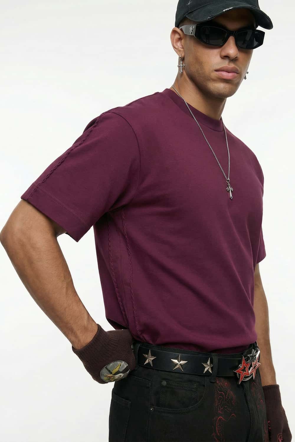 Embroidered Detail Cotton-Blend T-Shirt - Purple