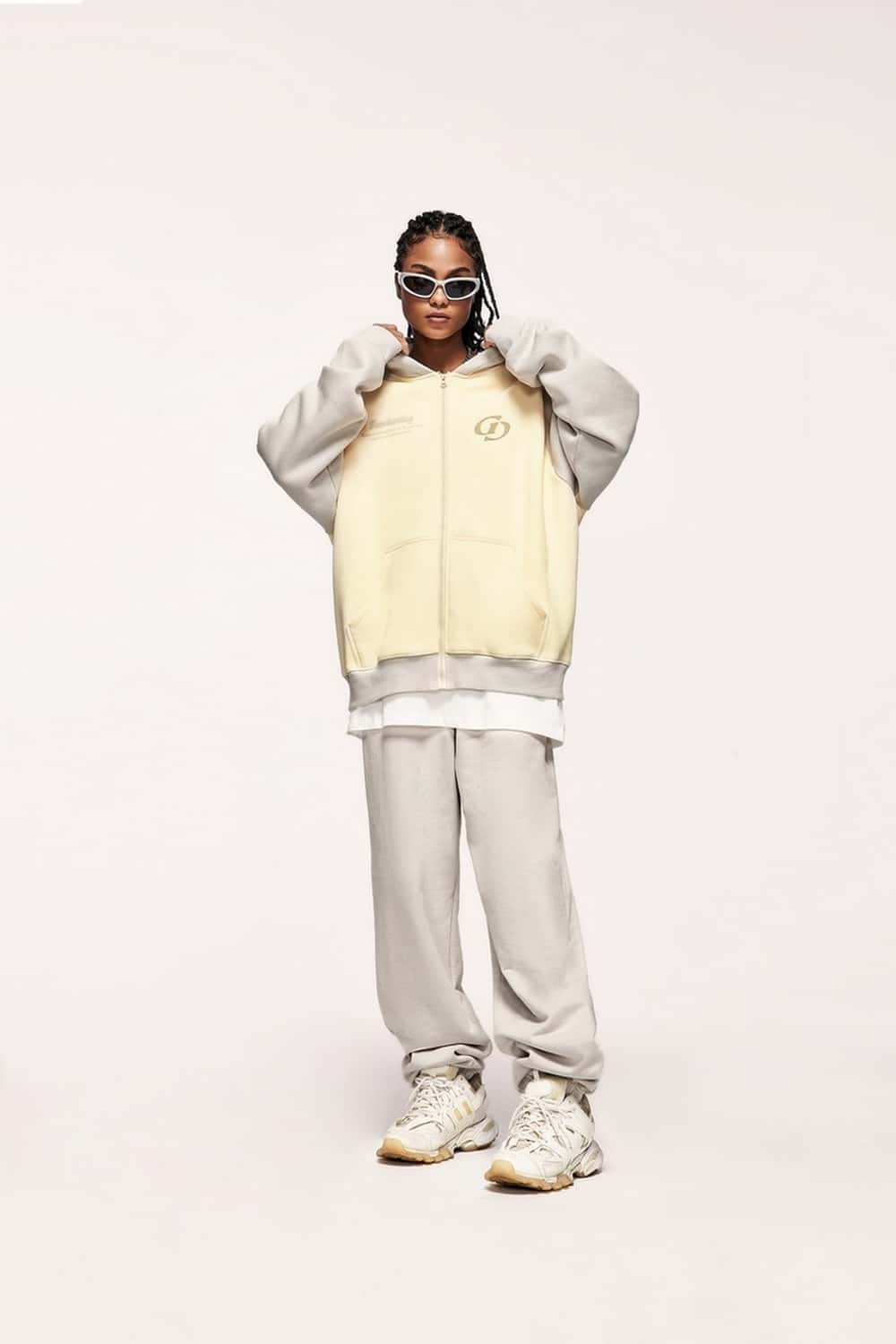 Colorblock Embroidered Zip Hoodie - Apricot