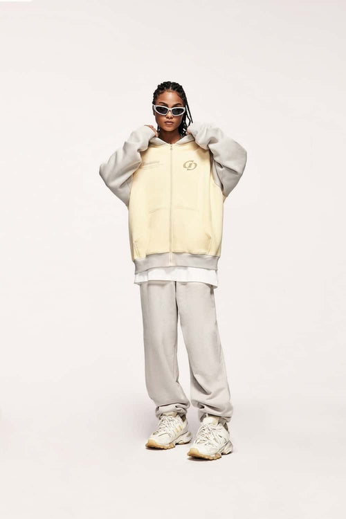 Colorblock Embroidered Zip Hoodie - Apricot