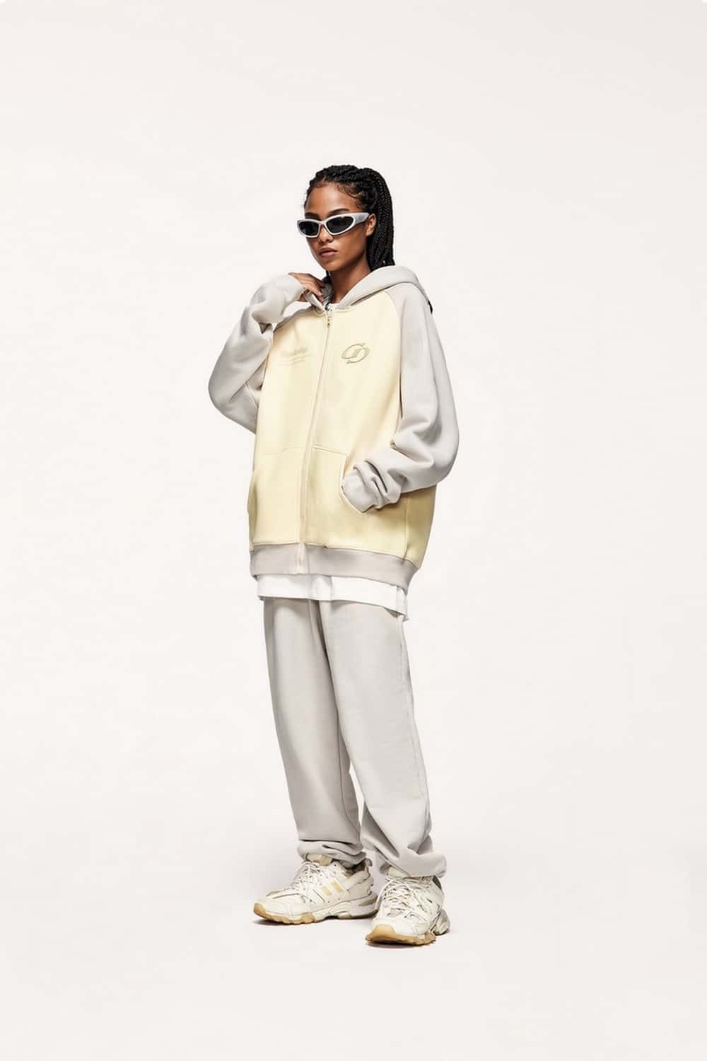 Colorblock Embroidered Zip Hoodie - Apricot