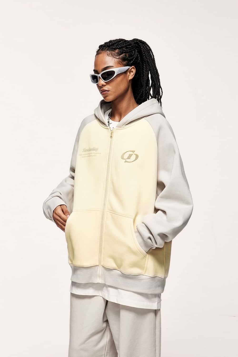 Colorblock Embroidered Zip Hoodie - Apricot