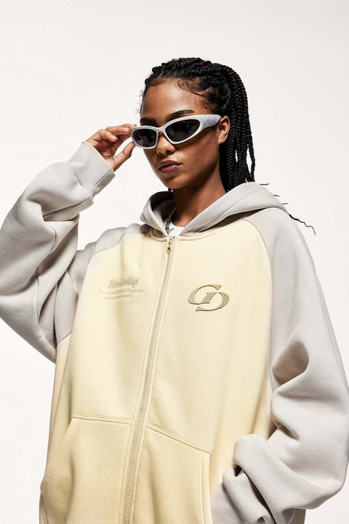 Colorblock Embroidered Zip Hoodie - Apricot