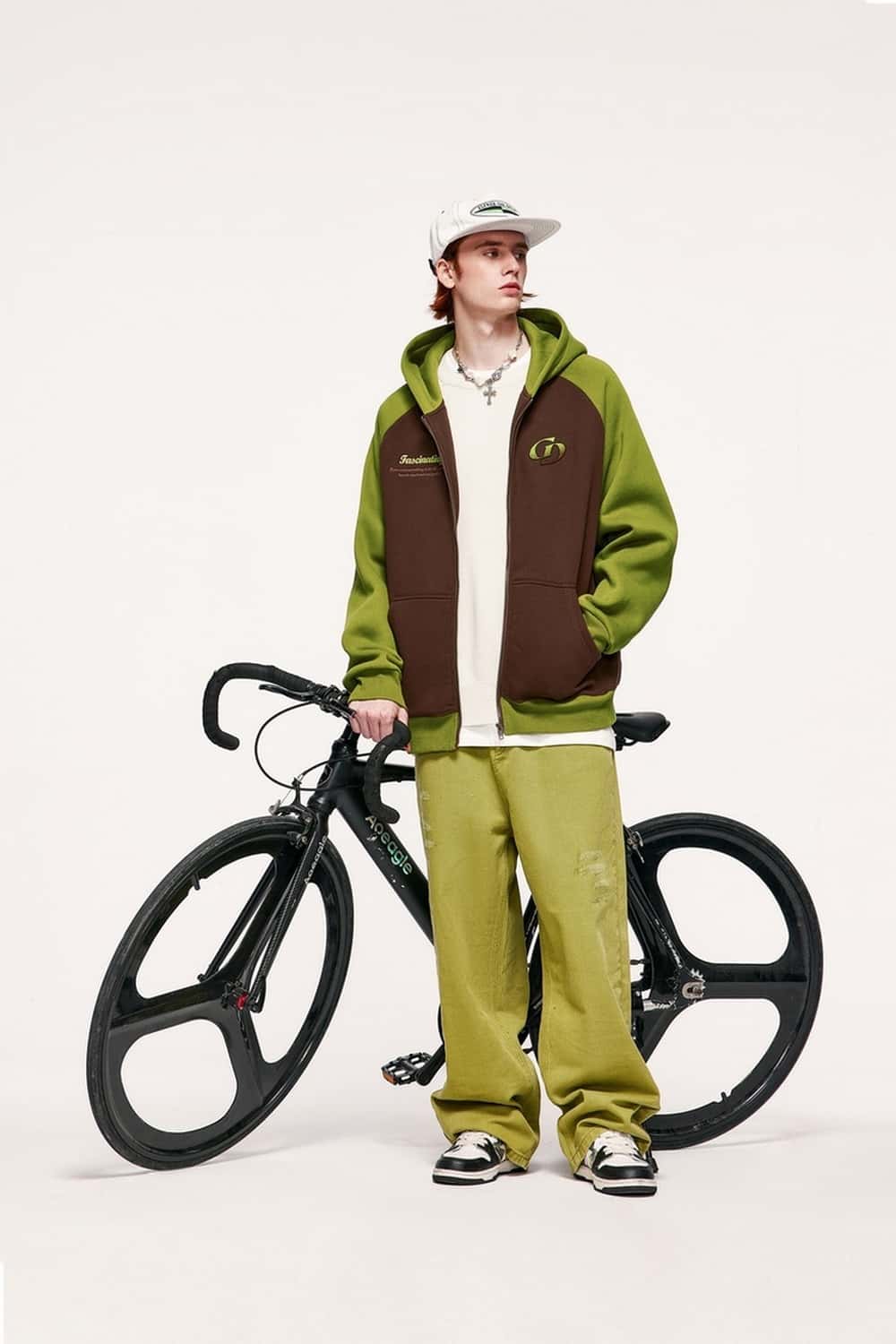 Colorblock Embroidered Zip Hoodie - Coffee