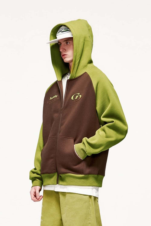 Colorblock Embroidered Zip Hoodie - Coffee