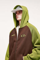 Colorblock Embroidered Zip Hoodie - Coffee