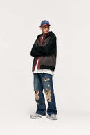 Colorblock Embroidered Zip Hoodie - Dark Gray