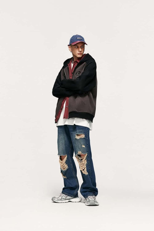 Colorblock Embroidered Zip Hoodie - Dark Gray